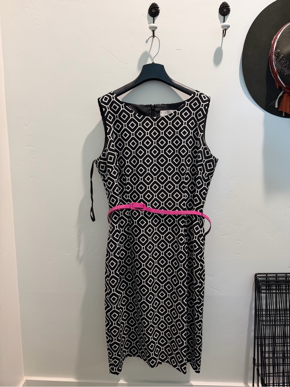 Kasper Black & White Geometric Midi Dress with Pink Belt